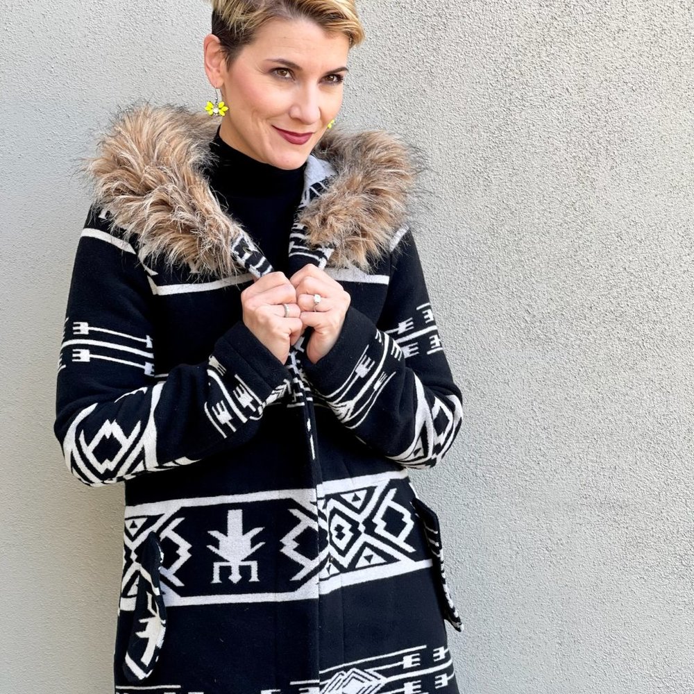 BB Dakota Black and White Aztec Print Faux Fur Coat